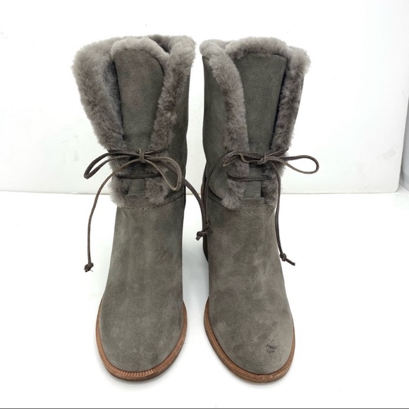 Ugg Jerene Suede Sheepskin Lined Block Heel Boot in Gray S/N 1019692 - Picture 3 of 12